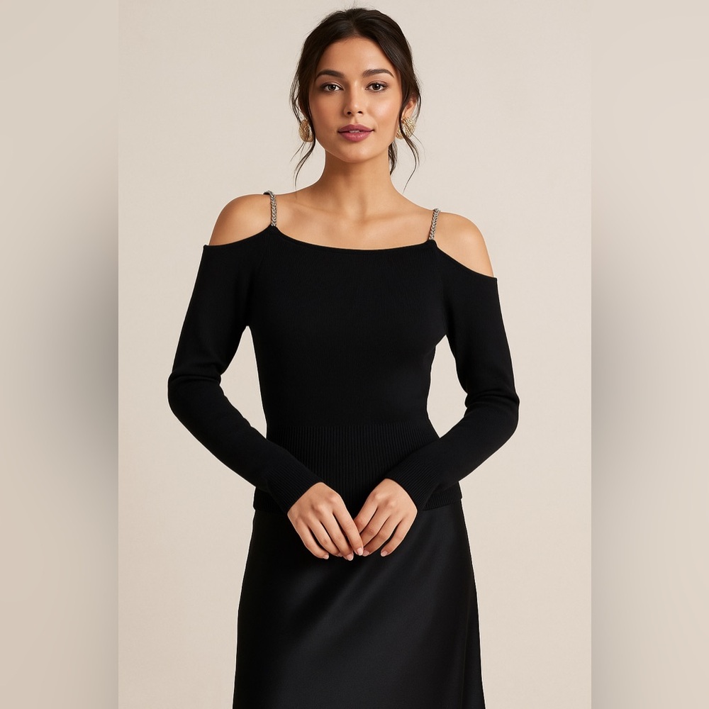 ✨🖤 Iisli Black Cashmere Off-Shoulder Sweater w/‎ Rhinestone Straps 🖤✨